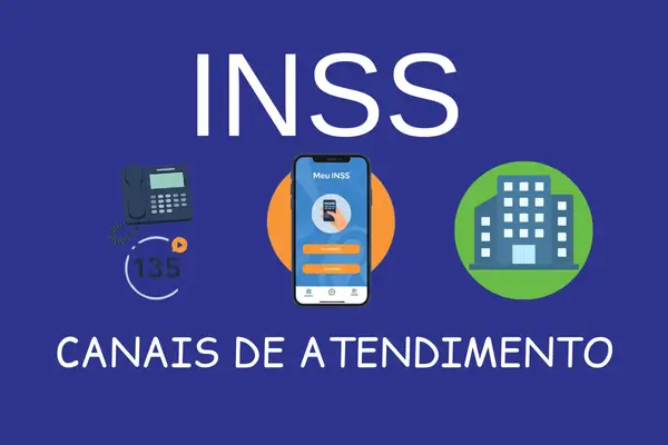 Imagem ilustrativa dos canais de atendimento do INSS: Número INSS 135, aplicativo Meu INSS e agências físicas, com ícones representativos e texto em português.